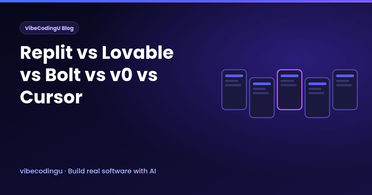 Five AI app builder windows side by side